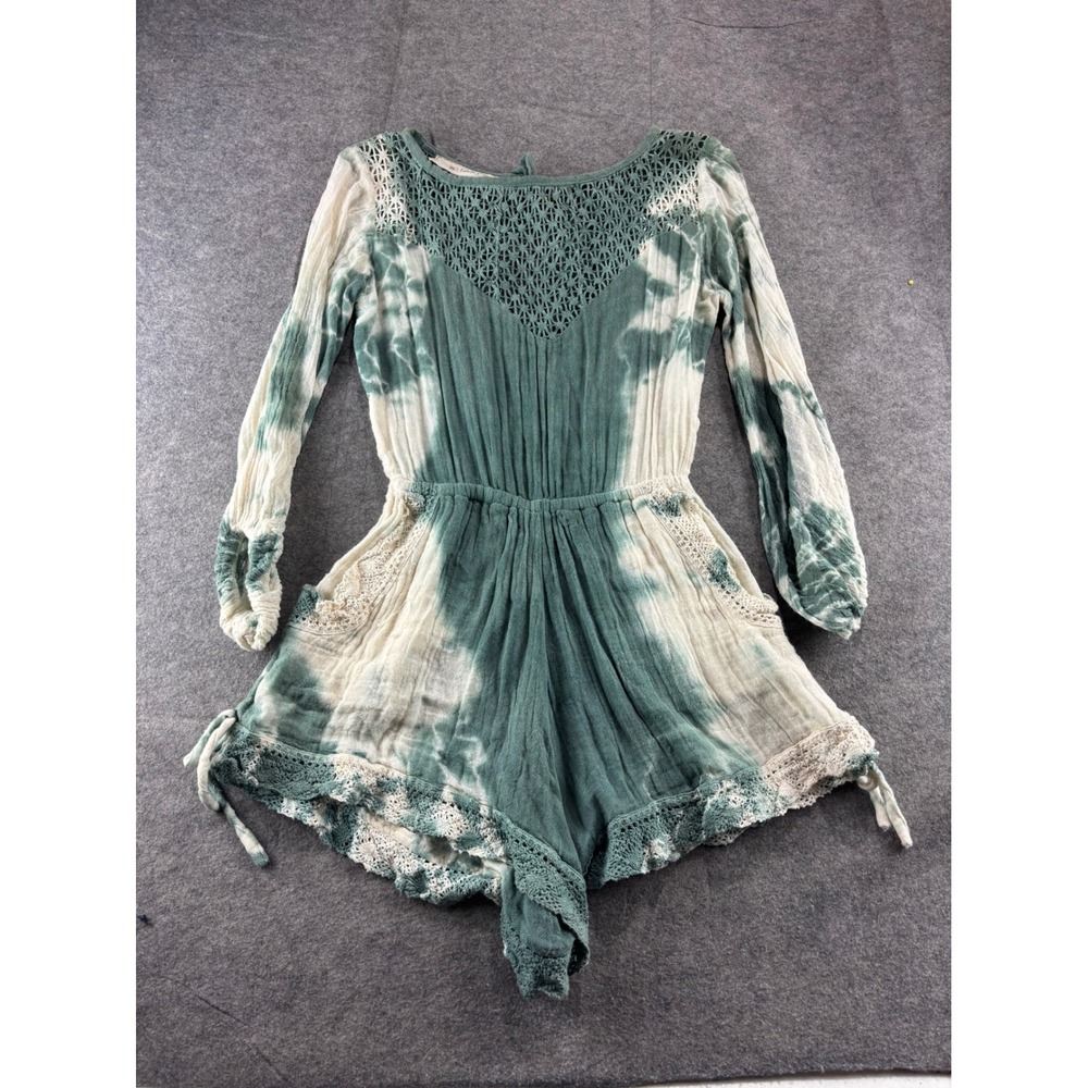 Jens Pirate Booty Tie Dye Crochet Lace Romper Green Cream S Boho Coastal Hippie